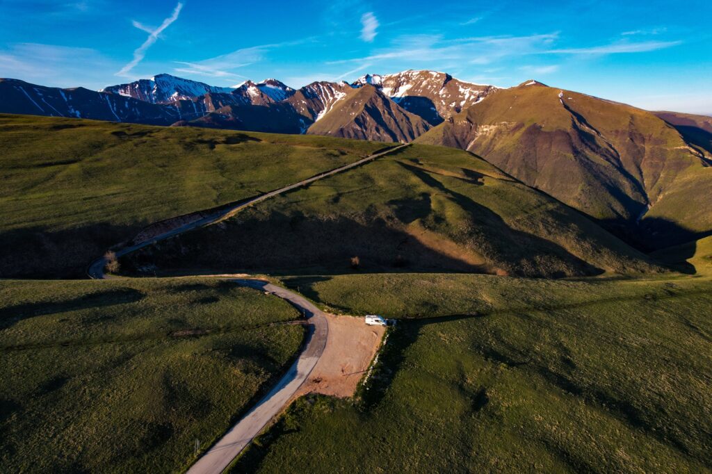 Aerial view of the high plateau in the Monti Sibillini at first light