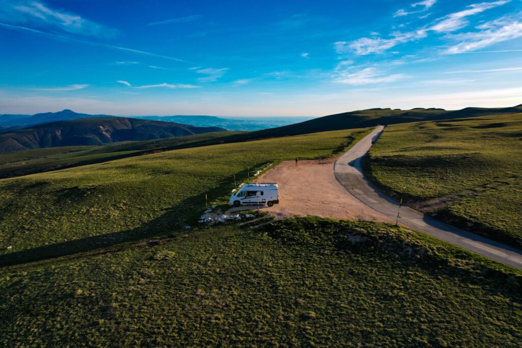 Ridgelines and open grassland seen from above in the Monti Sibillini