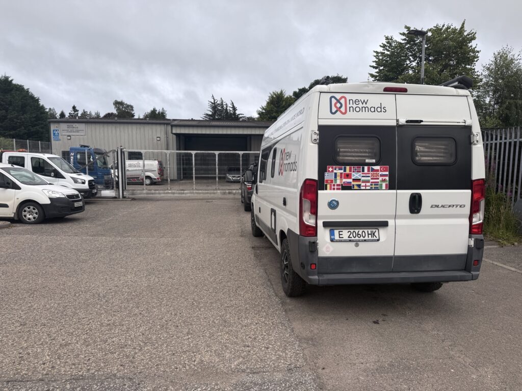 Walden the campervan parked outside the Keith Motor Company before opening