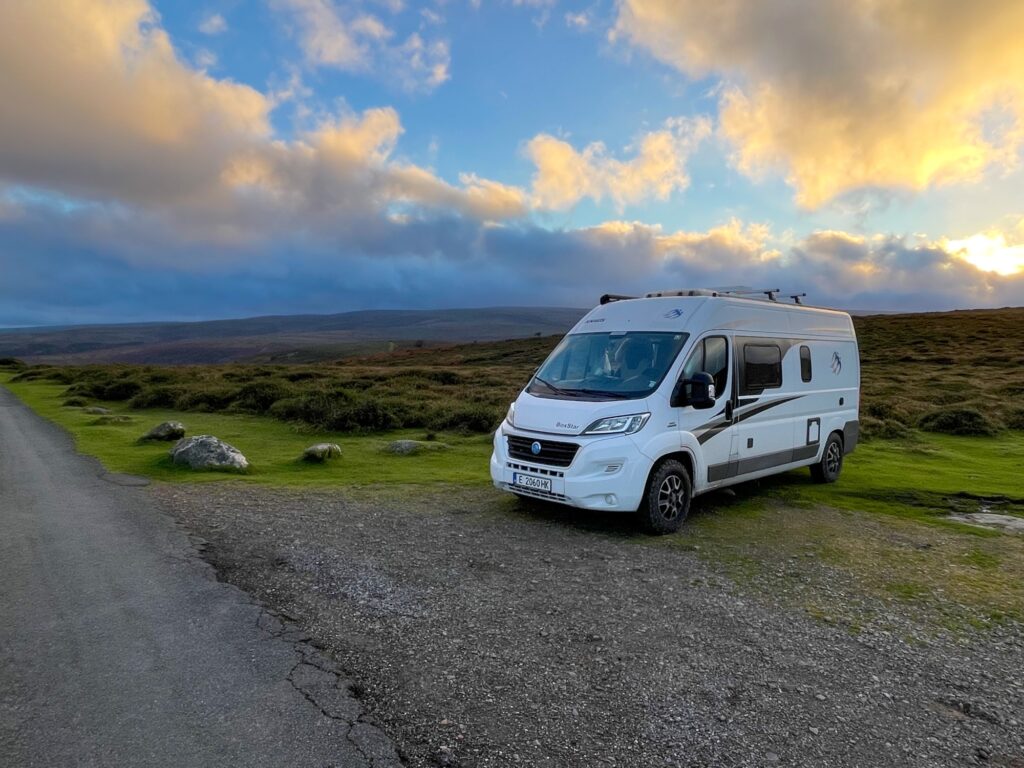 Walden the campervan parked at the edge of Dartmoor, Devon