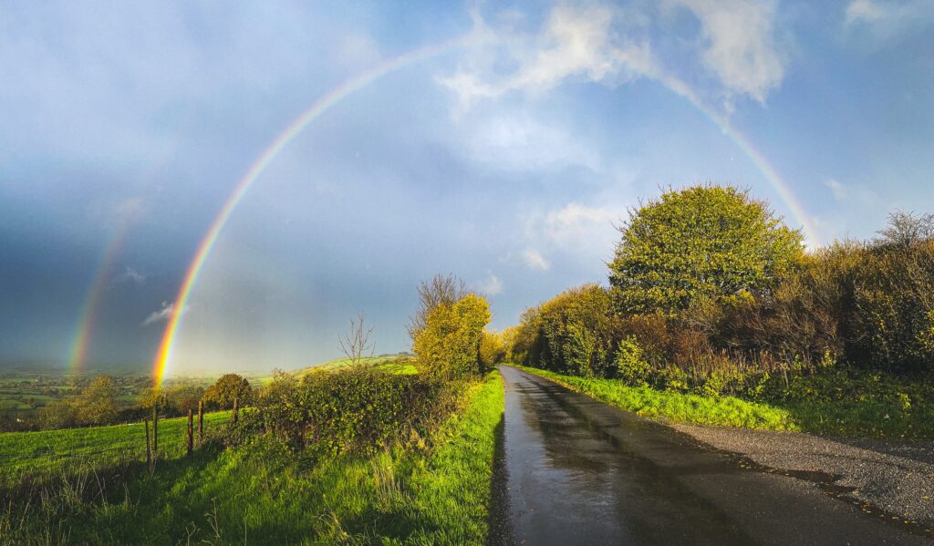 A double rainbow over Dartmoor at dusk
