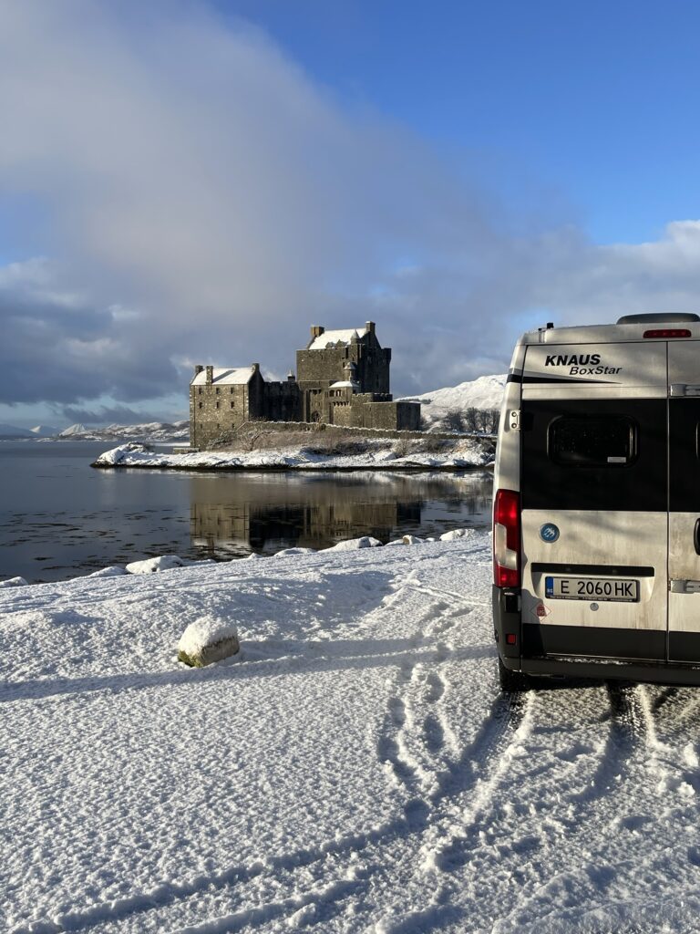 Eilean Donan Castle under fresh snow, no tracks in the white cover